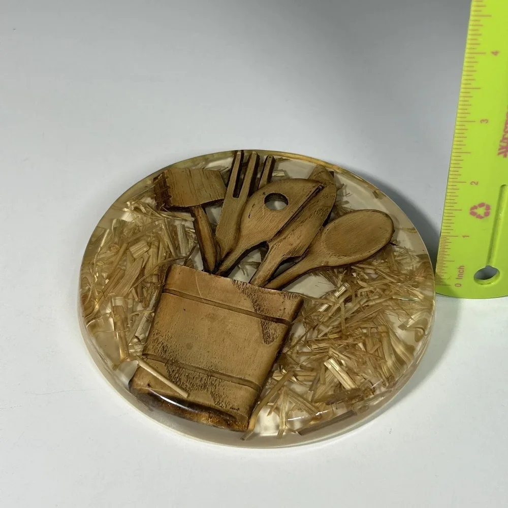 Vintage 70's Retro‎ Wood Lucite Resin Trivet Hot Plate UTENSILS Kitchen Boho
